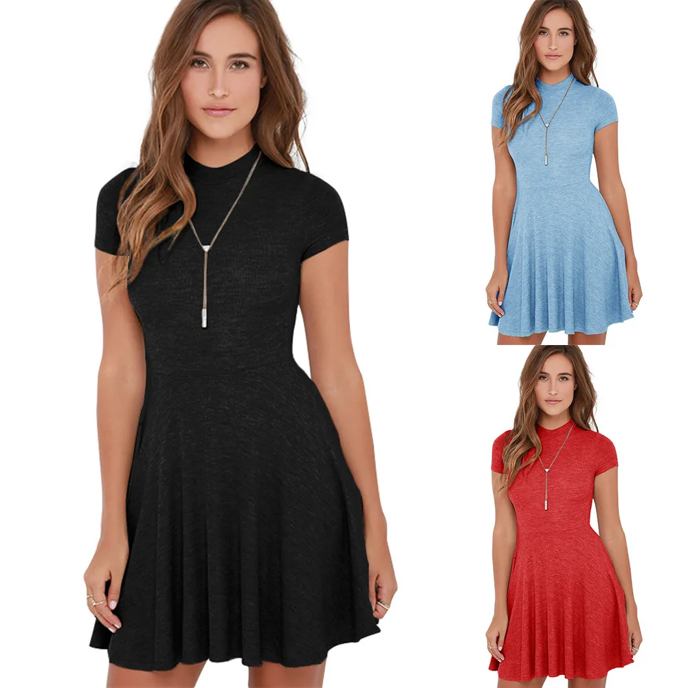 Free Shipping! New short skirt casual solid color short sleeved dress