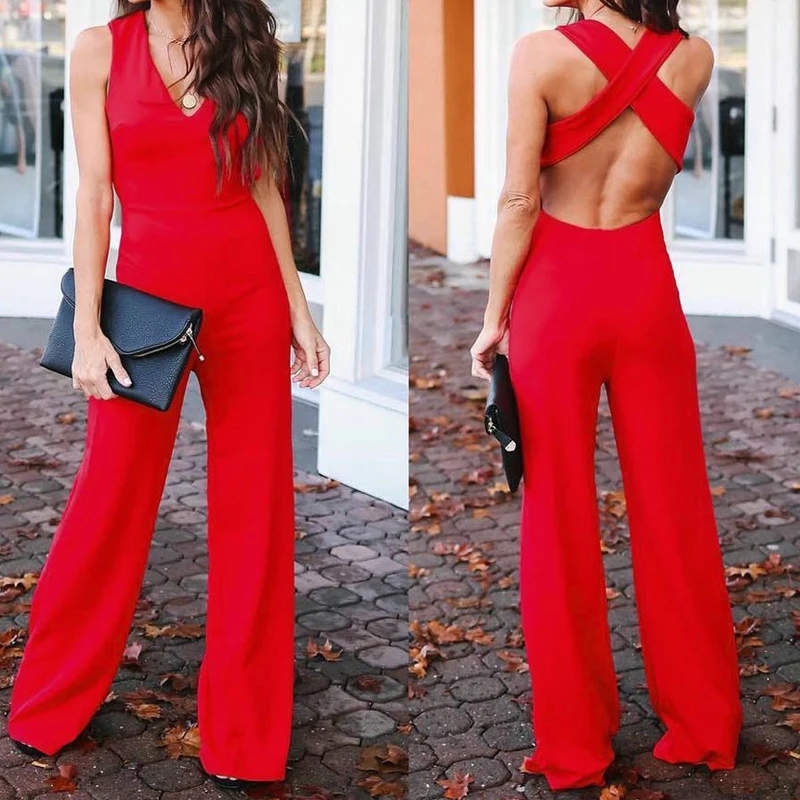 

Missufe Summer Elastic Waist Rompers Party Overalls For Women Sexy Deep V Neck Straight Jumpsuit Red Cross Back Long Playsuit