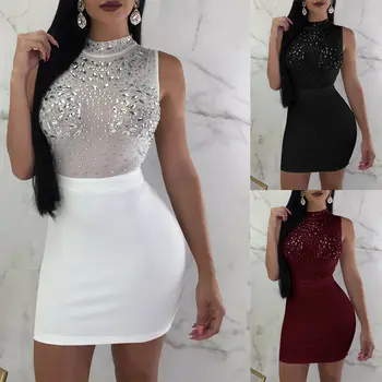 

Sexy Women Bodycon Short Dresses Shiny With Diamond O neck Evening Dress Fashion Ladies Club See Through Sleeveless Vestidos