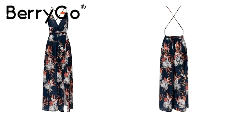 BerryGo/богемное летнее платье с открытой спиной для женщин, цветочный принт, глубокий v-образный вырез, chifon, женские платья, праздничное пляжное платье с разрезом, женские платья