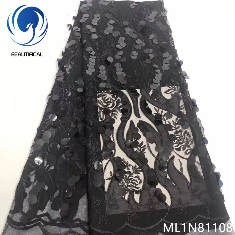 

Beautifical black sequins lace fabric french lace fabric nigerian sequins laces for wedding clothes 5yards/piece fabric ML1N811