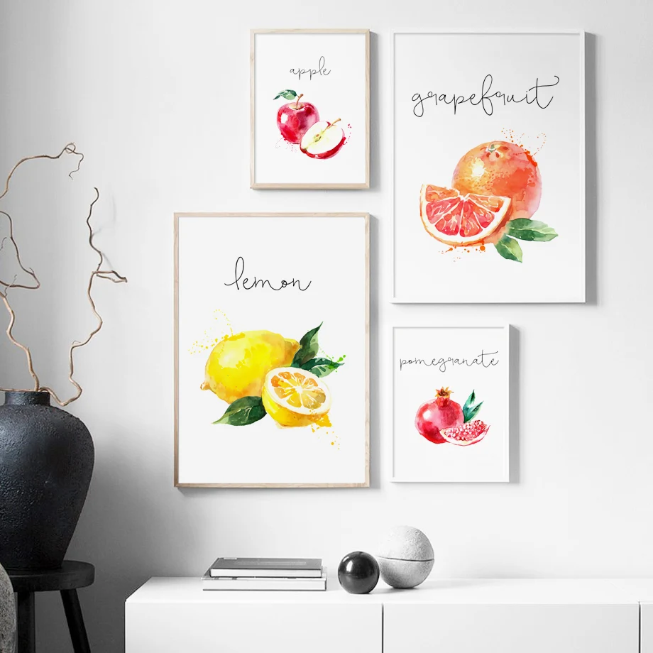 Watercolor Apple Lemon Pear Fruit Wall Art Canvas Painting Nordic Posters And Prints Wall Pictures Kitchen Restaurant Cook Decor