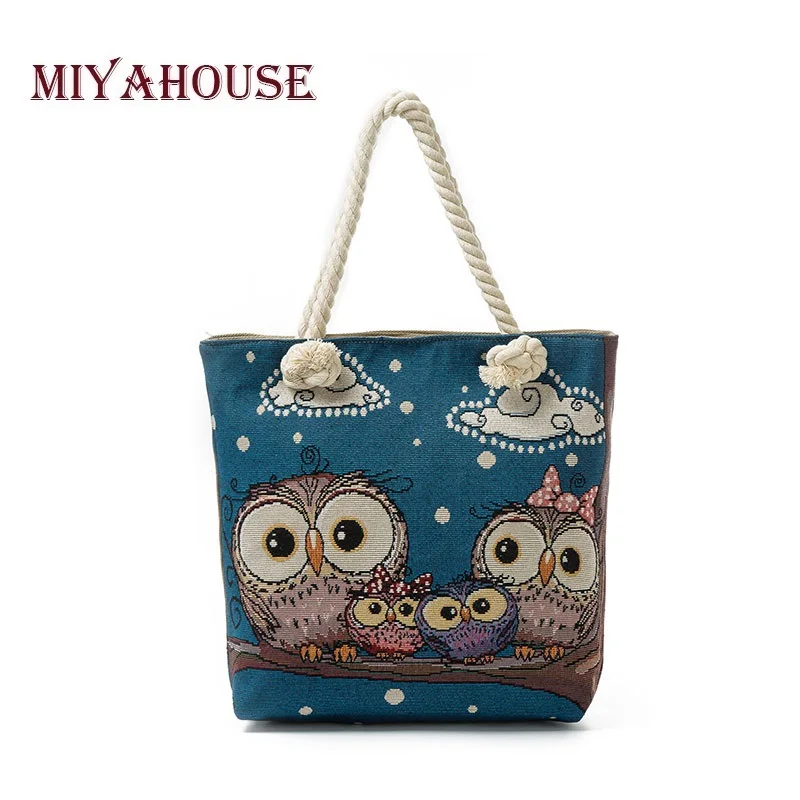 cheap MIYAHOUSE Owl Family Printed Women Shopping Bag Summer Large Capacity Ladies Beach Shoulder Bag Hemp Rope Handle Design Handbag