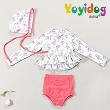 Детская Плавание Одежда для девочек Двойка Плавание костюм для девочек Дети с высоким воротом и длинными рукавами купальный костюм Рашгард Цветочный принт Плавание костюм