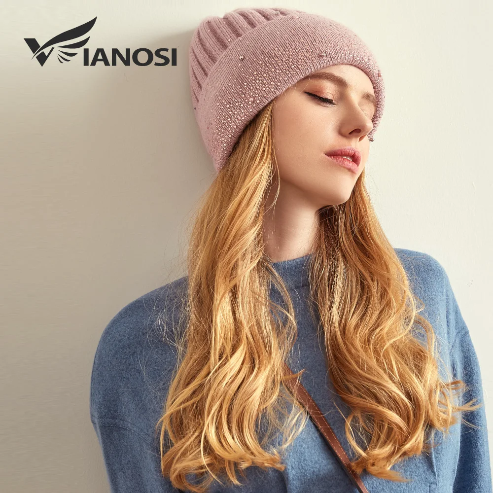 VIANOSI New Fashion Wool Winter Hats for Women Beanies with Pearl Fashion Warm Cap Brand Bonnet