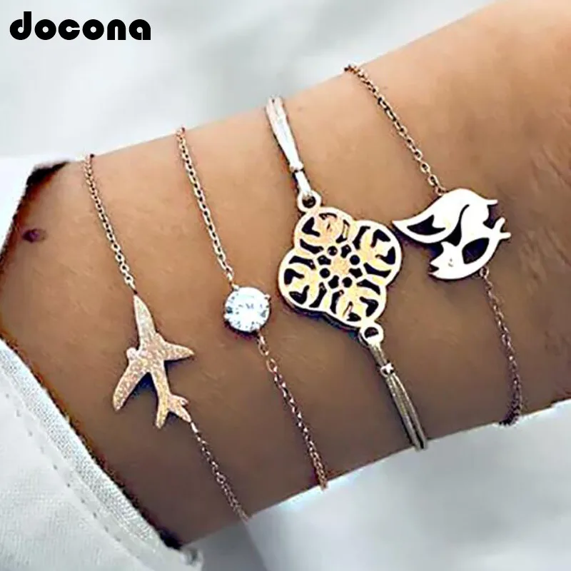 

Docona Retro Boho Gold Silver Leaf Bird Aircraft Shape Bracelet Set For Women Charm Metal Crystal Geometry Party Jewelry 6125