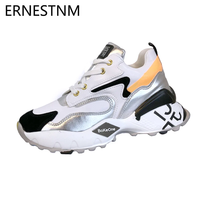 

ERNESTNM Women Sneakers Colorful Patchwork Sewing Platform Sneakers 2019 Sock Shoes Women Lace Up Chunky Sneakers Gold Shoes