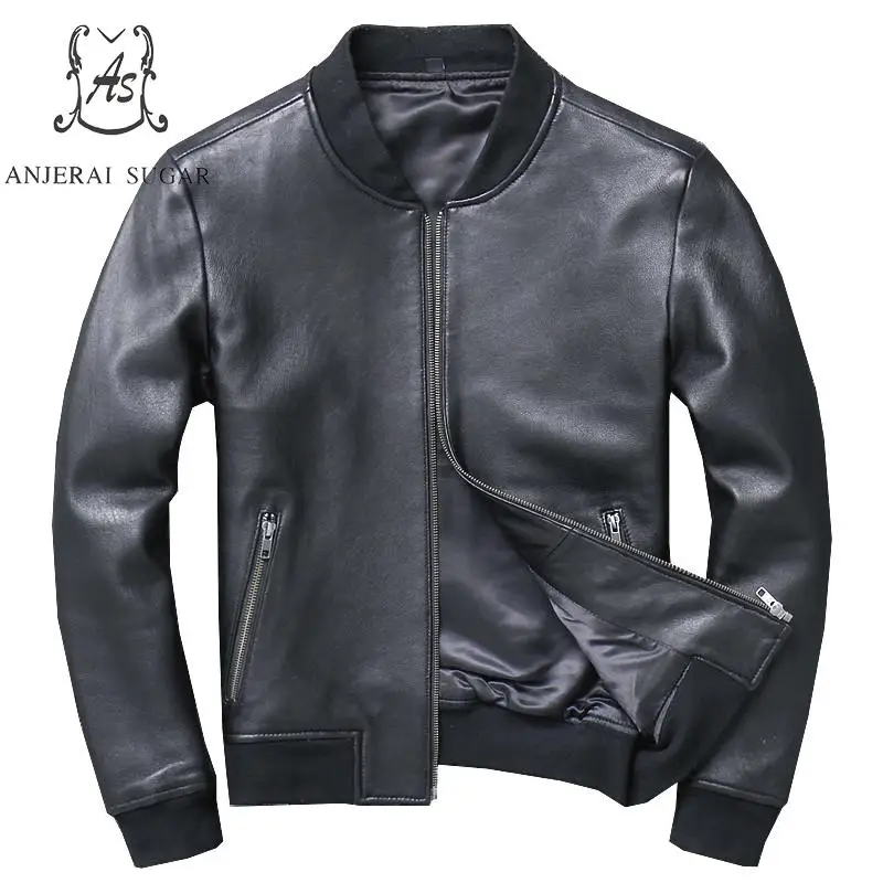 

Special Offer Plus Size genuine leather jacket men black O-Neck zipper S - 4XL real sheepskin Motorcycle bomber baseball jackets