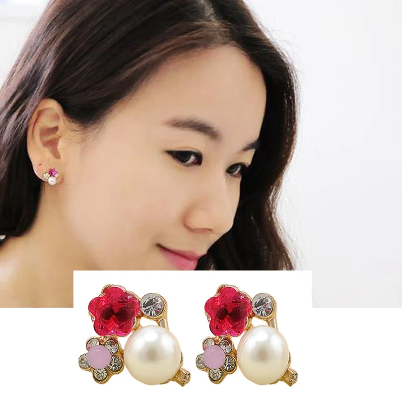 Korean Style Flower Earrings Colorful Crystal Rhinestone Pearl Ear Stud