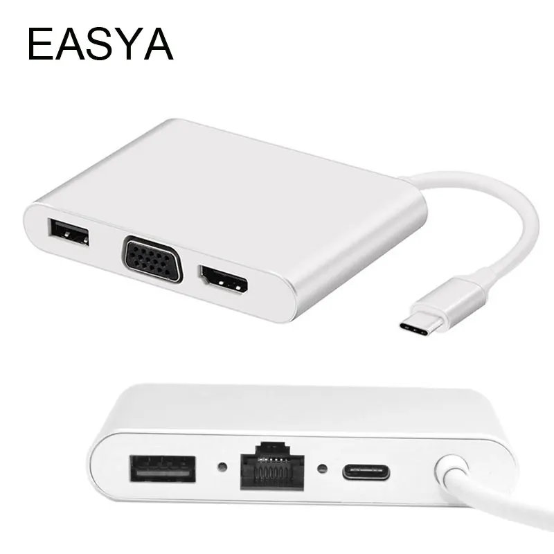 Easya 6 в 1 Thunderbolt 3 USB c концентратор к HDMI VGA RJ45 адаптер Тип USB-C концентратора с USB 3.0 хаб PD зарядки Порты и разъёмы для MacBook Pro