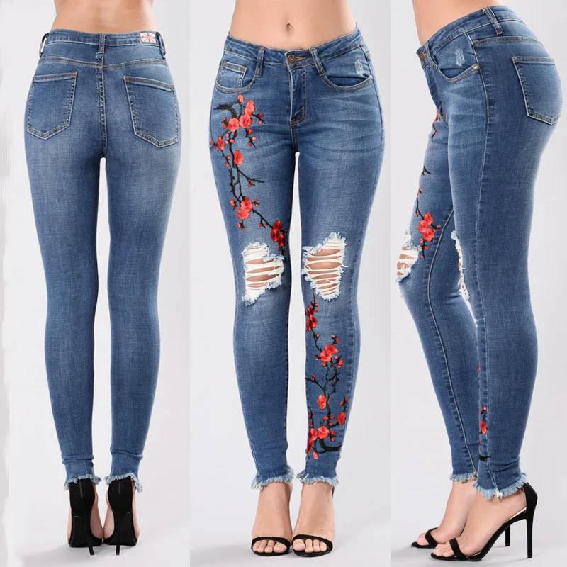 

Sexy Women Embroidered Denim Jeans Skinny Hole Pants High Waist Stretch Jeans Slim Pencil Trousers Blue Plus Size