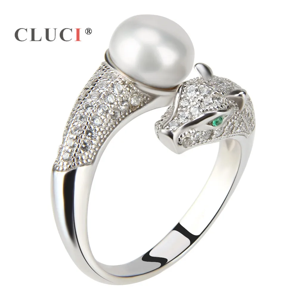 

CLUCI 925 sterling silver adjustable pearls ring with glittering green eyes Leopard design