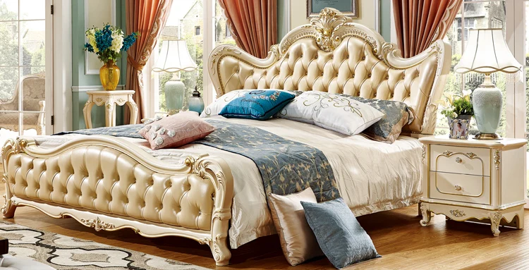 The latest european leather sleeper king size bed carved design with drawer - 952
