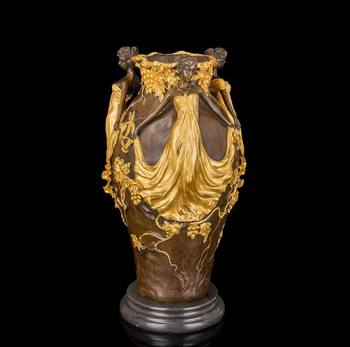 

39 CM Western Art Deco Bronze Women Girl fairy maiden Grape Sculpture Vases Pots