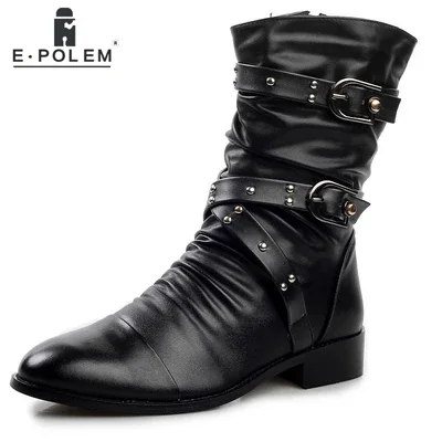 

2019 Punk Fashion Spring And Winter Black Men's Shoes Leather Casual Handmade Shoes Chain High Tube Men's Tooling Boots
