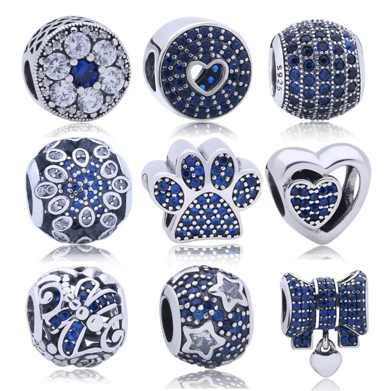 

Soild 925 Sterling Silver Charms Pave Blue CZ Beads Fit Original Pandora Bracelets Pendant For Women berloque pulsera Jewelry