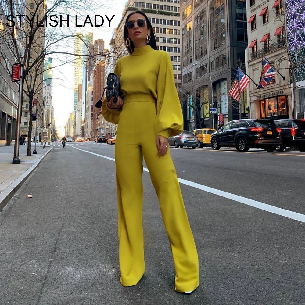 

STYLISH LADY Wide Leg OL Rompers and Jumpsuits 2019 Women Lantern Sleeve High Neck Elegant Bodycon Office Workwear Overalls
