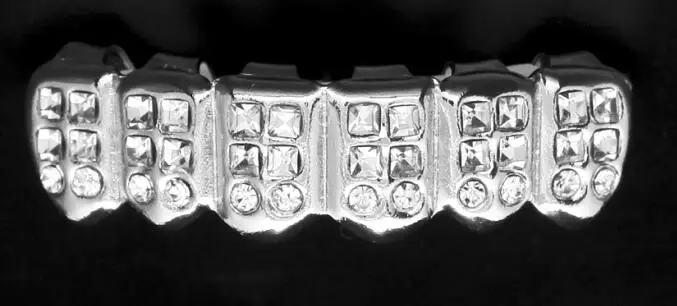 Белое золото ICED OUT CZ бриллианты Зубы Топ Серебряный тон 3 три ряда гриль набор Джокер зуб BlingGrillz - Окраска металла: silver bottom teth