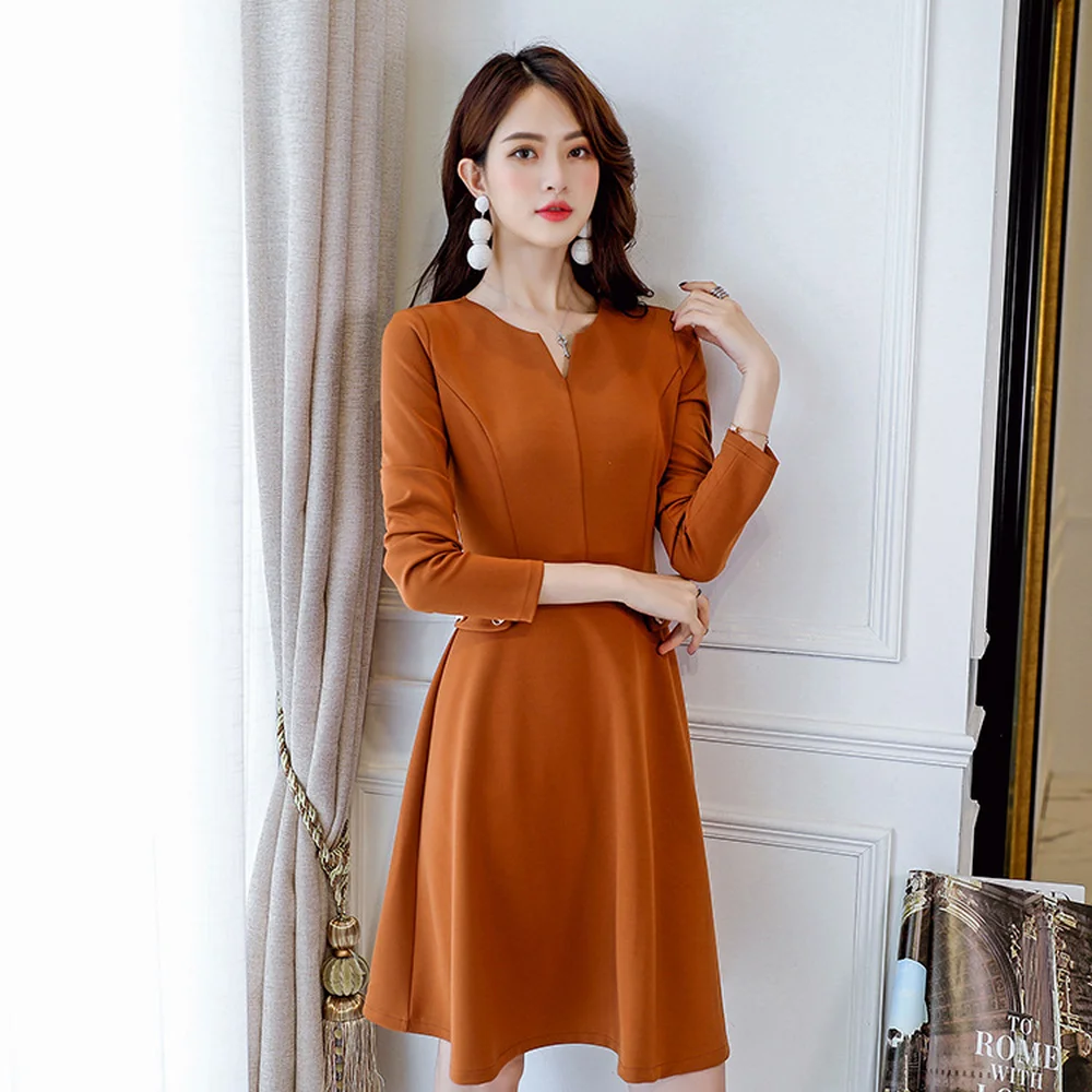 

Korean Version Temperament OL Semi-open Long Sleeve Big Swing Light Mature Solid Color Slim Base Dress Office Lady