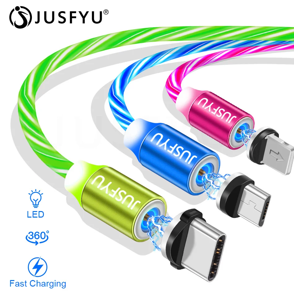 

JUSFYU LED Magnetic Cable 8Pin & Micro USB Cable & USB Type C Cable Nylon Braided Type-C Magnet Charger Cable for Samsung S10 S9