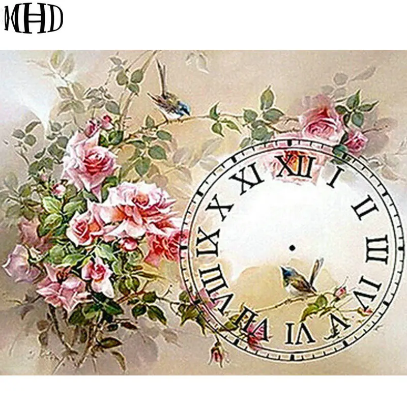

MHD Diamond Embroidery Wall Clock Flower Icons Diamond Painting Round and Square Rhinestone Cross Stitch Wall Stickers Set