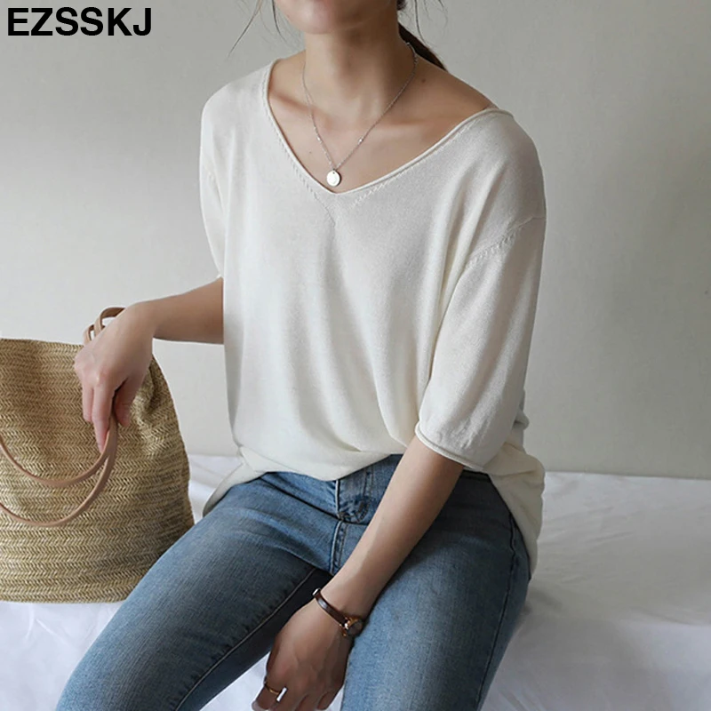 

2019 summer knit oversized t-shirt for women v-neck big top girls casual t shirt basic pullover female short sleeve solid