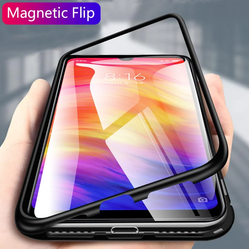 

Case For Xiaomi Redmi Note 7 Clear Tempered Glass Back Cover For Note7 Pro Metal Frame Shockproof Protective Coque Magnetic Case