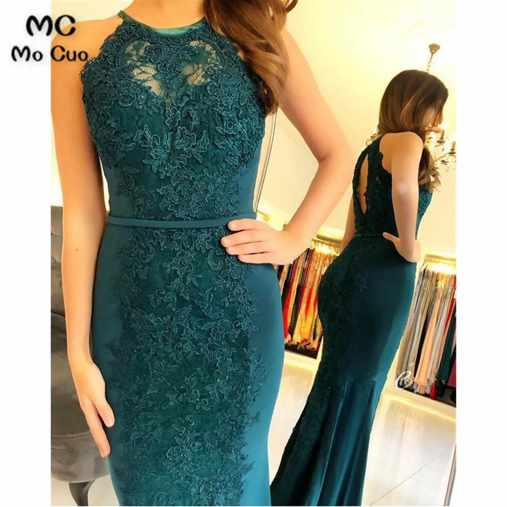 Hunter Green Lace Halter Mermaid Prom Dresses Long Evening Gowns (2)