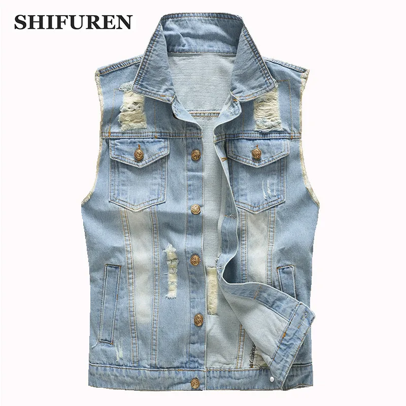 

SHIFUREN Men's Denim Vest Ripped Hole Cowboy Sleeveless Cotton Frayed Jean Jackets Waistcoat Causal Male Sleeveless Tank Tops