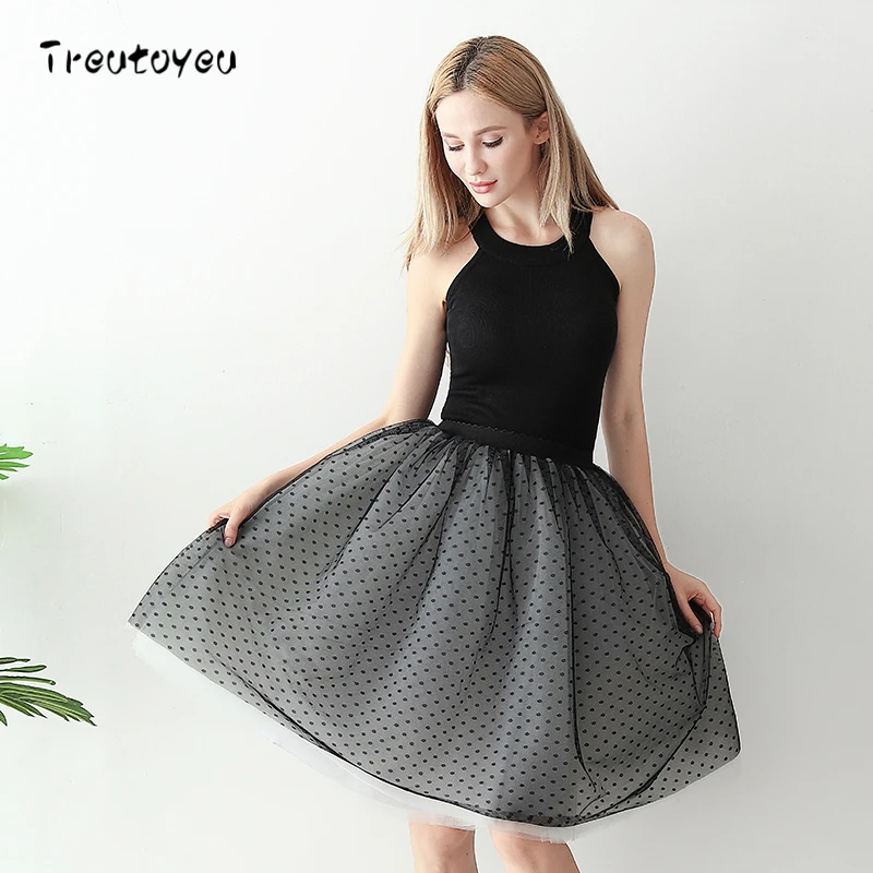 

Vintage Polka Dots Lace Tulle Women skirt 2018 Summer Knee Length Pleated Ladies Skirts Lolita faldas Saia Jupe