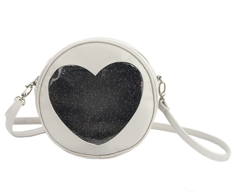 

Fashion Women Transparent Heart Shaped PU Leather Mini Small Circular Shoulder Messenger Bag Crossbody Bags for Girls