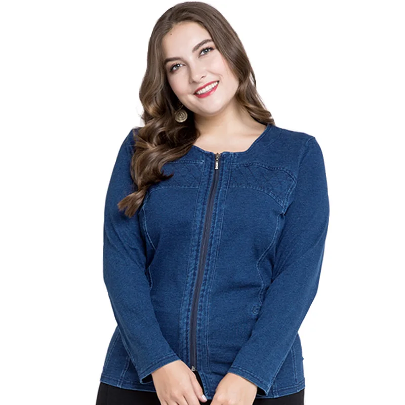 Miaoke 2018 plus size denim jacket women clothes Fashion Long sleeves round neck zipper short jacket Large size 4xl 5xl 6xl