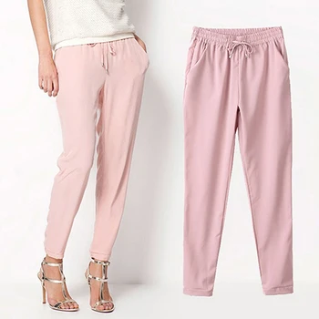 

2016 New Women's Casual Solid Color Drawstring Elastic Waist Chiffon Trousers Harem Pants