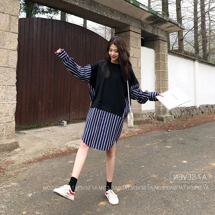 

Maternity Dresses Pregnant women autumn dress long-sleeved shirt cotton Stripes shirt 2019 new sweater Dress 30% Off