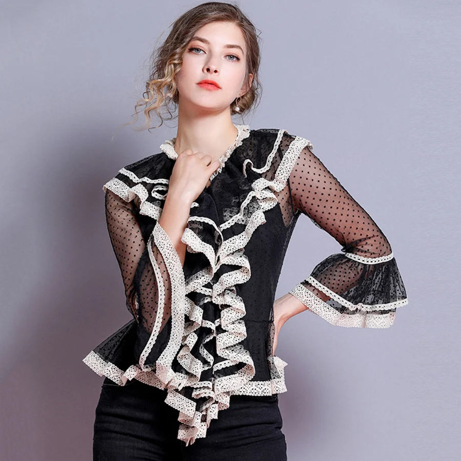 

VERDEJULIAY Runway Polka Dots Blouse 2019 Summer Autumn Fashion New Flare Sleeve Ruffles Mesh See-Through White /Pink Luxury Top