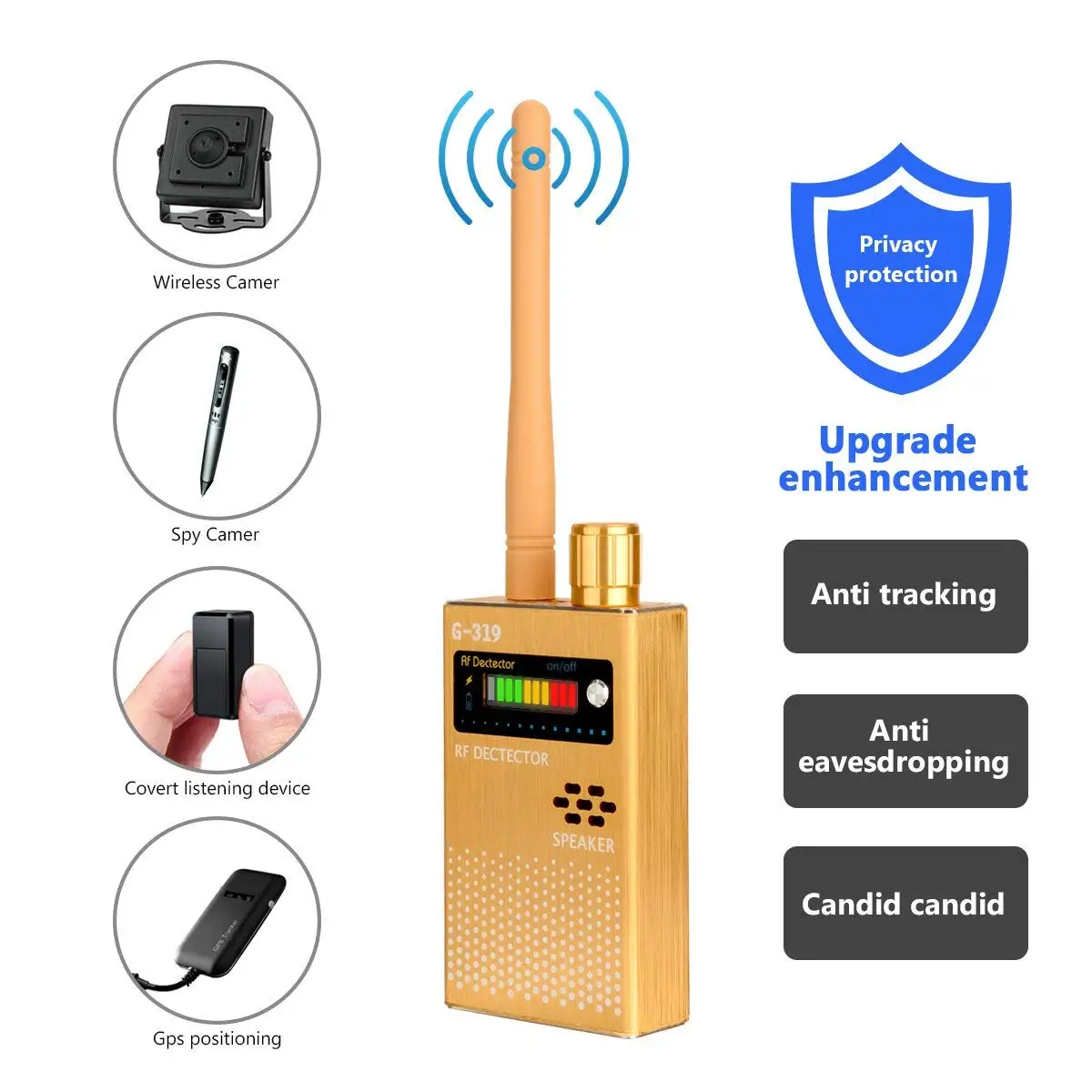 

1MHz-8000MHz Radio Detection Anti Spy Signal Hidden Camera GSM Audio Bug Finder 4G GPS Signals Lens RF Tracker Detectors Black