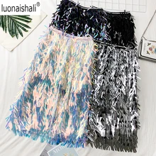 Новая Универсальная весенне-летняя юбка Женская Блестящая расшитая блестками набор кисточек хип юбка модная уличная юбка с высокой талией ins
