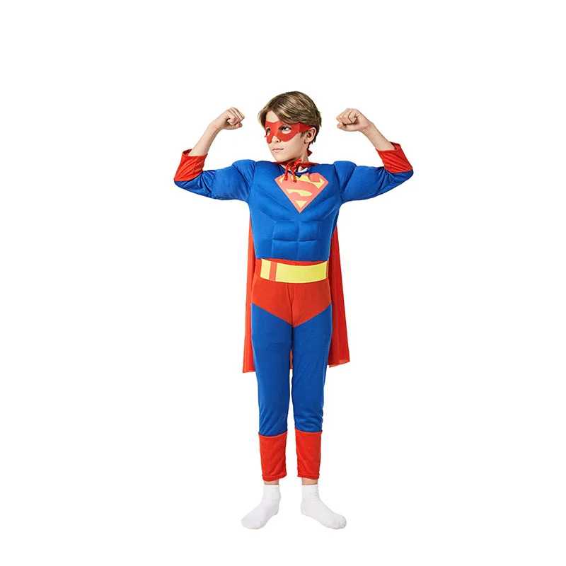 Cena Kompletny dziecko klasyczne mięśni Superman kostium chłopcy Halloween Superhero Cosplay Fancy sukienka dla dzieci sukienka na karnawał up