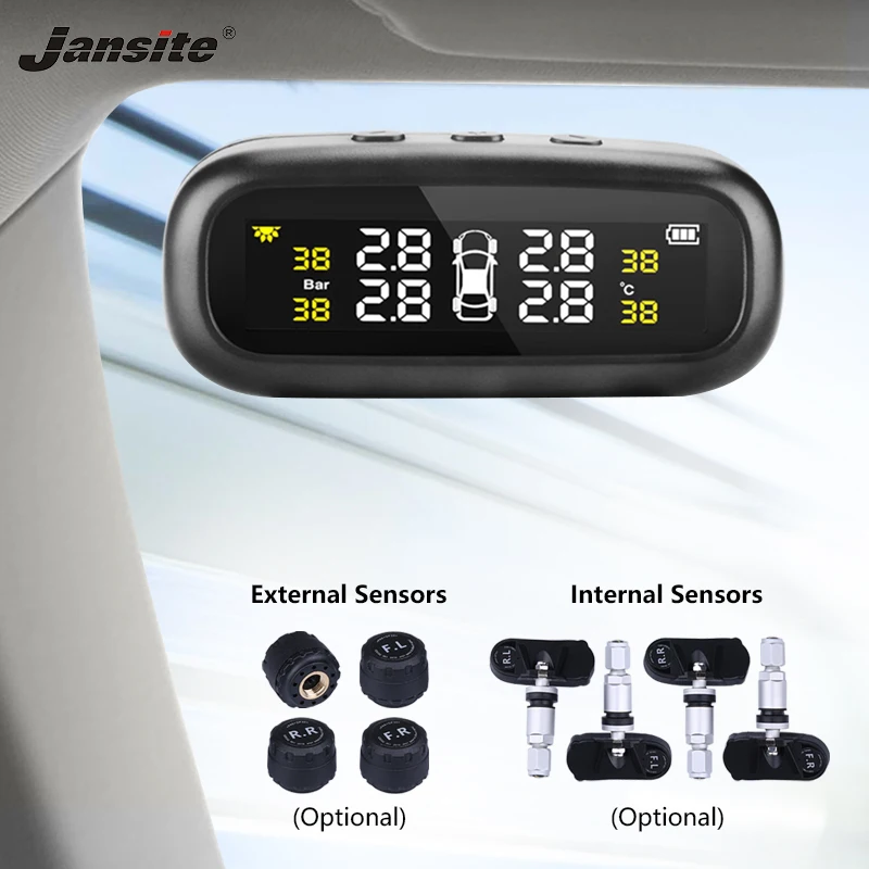 

Jansite Solar TPMS Car Tire Pressure Alarm Monitor System Display Intelligent Temperature Warning with 4 sensors BAR LCD Display