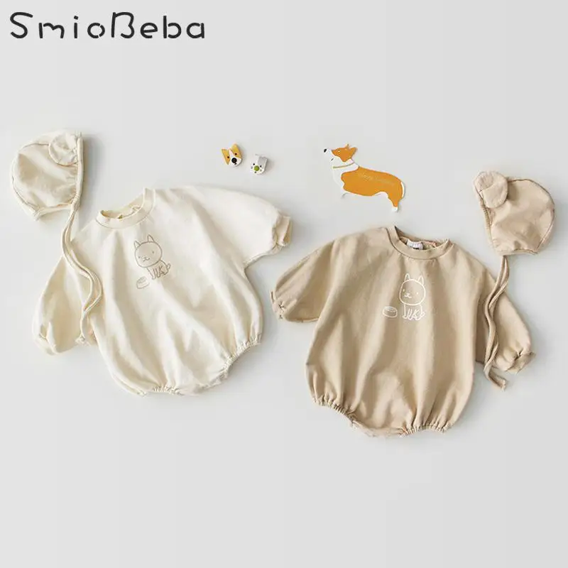 

Spring Rompers Baby Girls 2019 Two Sets Of Hats Long Sleeves With Puppy Pattern Rompers For 18 Months Overall Newborn Jumpsuit