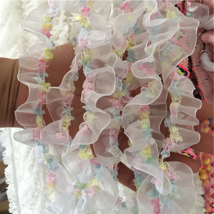 

1.5CM Wide Luxury Tulle 3D Lace Fabric Flower Elastic Pleated Organza Ruffle Trim Appliques Collar Garment Dress Sewing Supplies