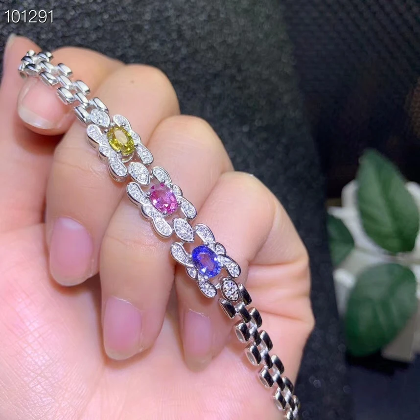 Bracelet en saphir naturel multicolore Bracelet en pierres précieuses naturelles bracelet en argent
