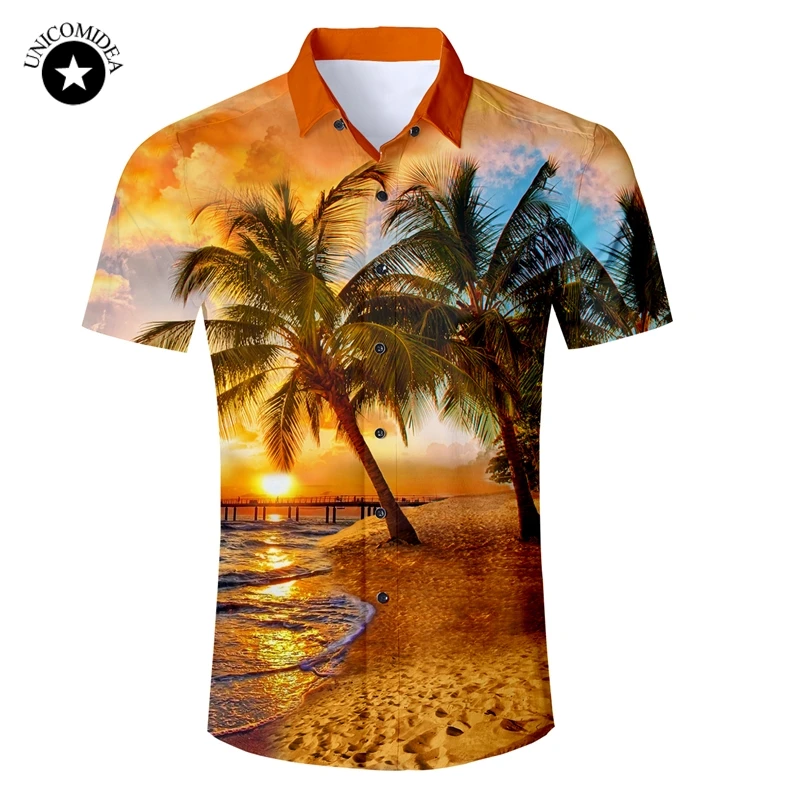 

Mens Short Sleeve Hawaiian Shirt Summer Plam Tree Printed Button Down Casual Beach Shirts Regular Fit Male Blouse Summer Top