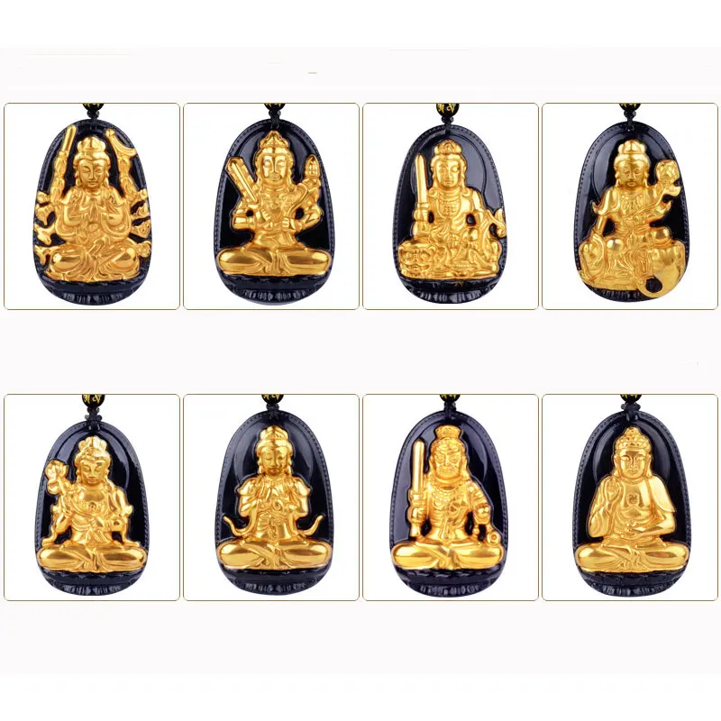 

High Quality Gold+ Natural Black Obsidian Carved Buddha Lucky Amulet Eight Patron saint Pendant For Women Men pendants fashion