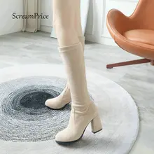 Женские Модные Стрейчевые сапоги зимние сапоги до колена женская обувь на высоком квадратном каблуке без застежки с круглым носком, большой размер 43,, бежевый, черный цвет