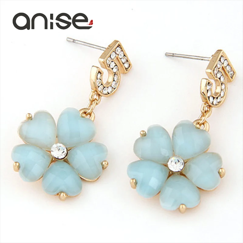 

Anise Hot Sale Rhinestone Numeral 5 Flowers Stud Earrings Fashion Sweet Acrylic Crystal Five Leaves Flower Long Section Earrings