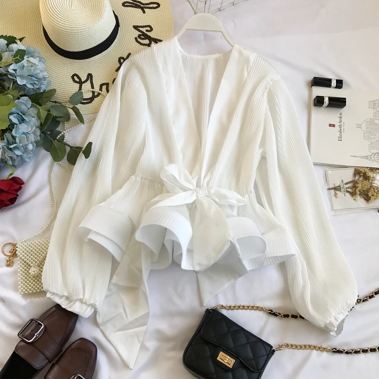 ALPHALMODA 2019 V-neck Pleated Bow Knot Ruffled Hem Ladies Stylish Chiffon Blouse Lantern Sleeve Ch