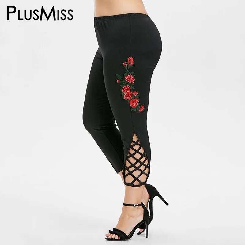 PlusMiss Plus Size XXXXL XXXL Black Lace Up Capri Leggings Women Big