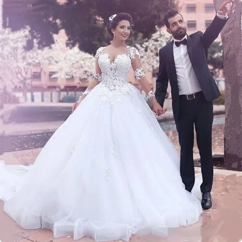 Арабский свадебные платья Дубай 2019 бальное платье плюс Размеры одежда с длинным рукавом халат de mariée princesse Кружевное Свадебное Платье Vestidos