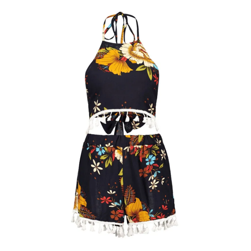 

Women Knotted Floral Tassels Top Shorts Set Print Bohemia Top Shorts Beachwear summer style suit set women outfits #0321